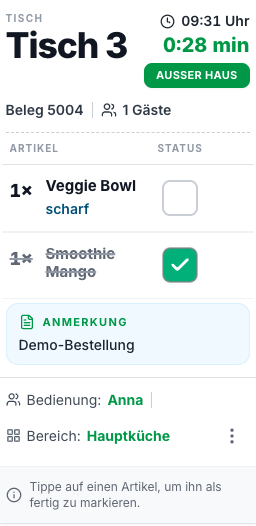 Bestellkarte, Tisch 3, Außer Haus